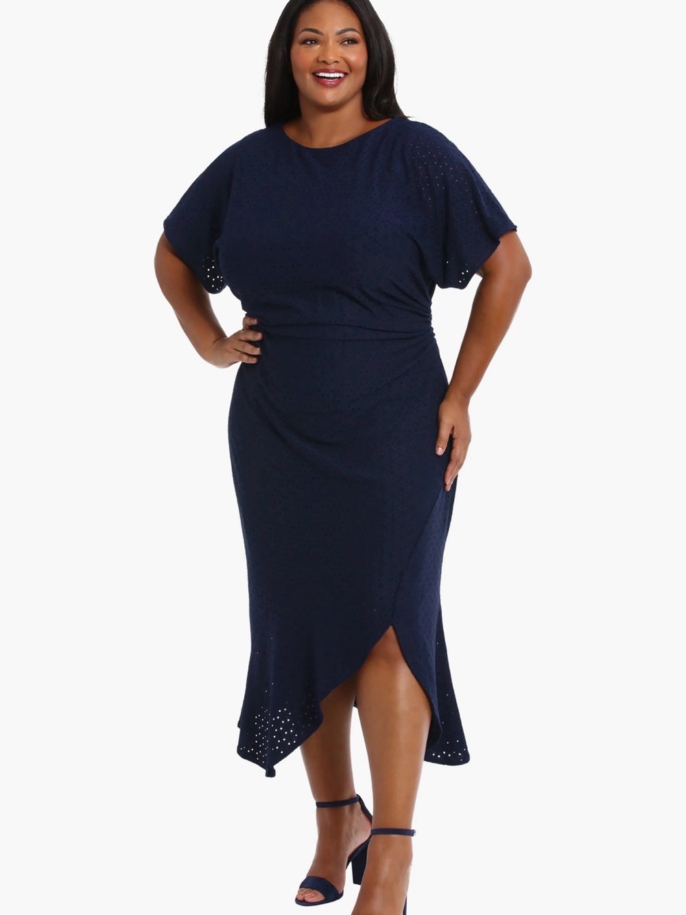 London Times Navy Eyelet Midi Dress with Asymmetric Hem